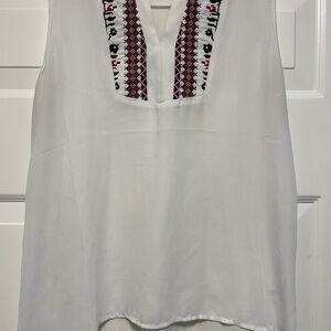 Loanna Woman’s White Sleeveless Blouse With Embroidered Collar Tank Top Sheer XL